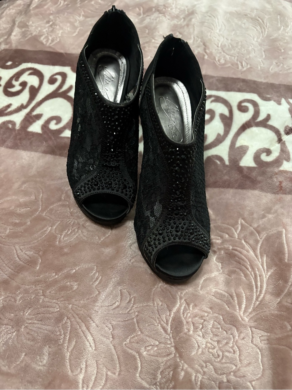 Michelangelo Black Lace Peep-Toe Heels with Rhinestone Embellishments